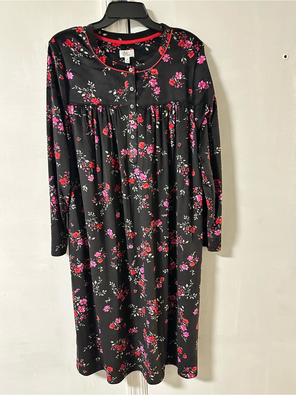 Aria Black Long-Sleeve Floral Nightdress with Pink & Red Accents